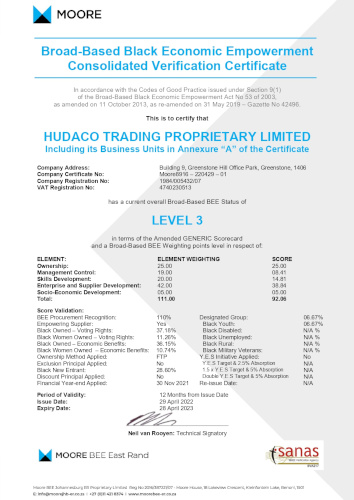 hudaco trading certificate 2022-2023